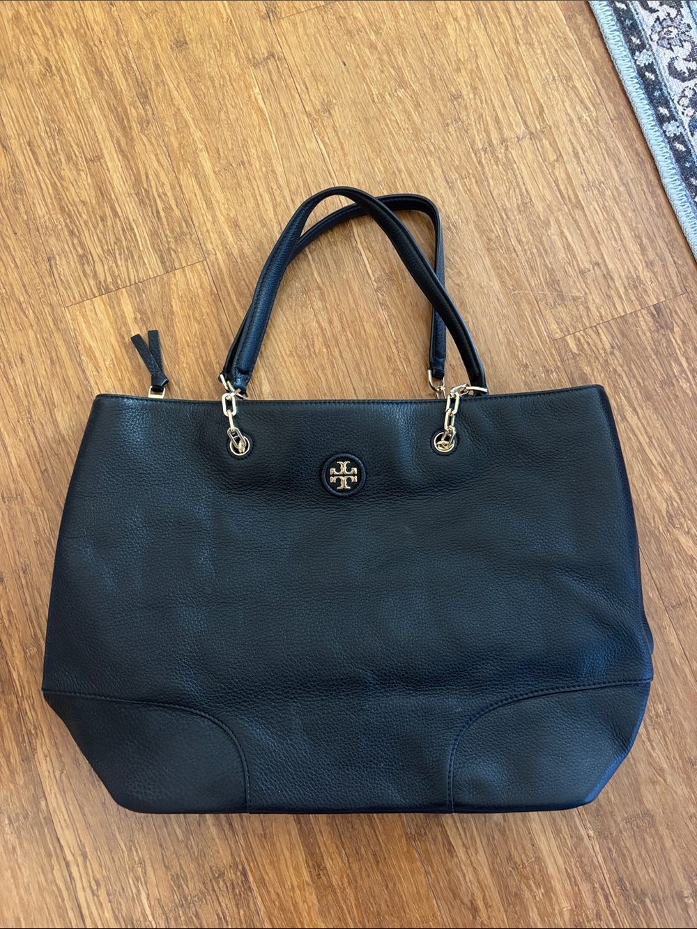 Tory Burch Black Pebbled Leather Whipstitch Logo Large Tote Bag